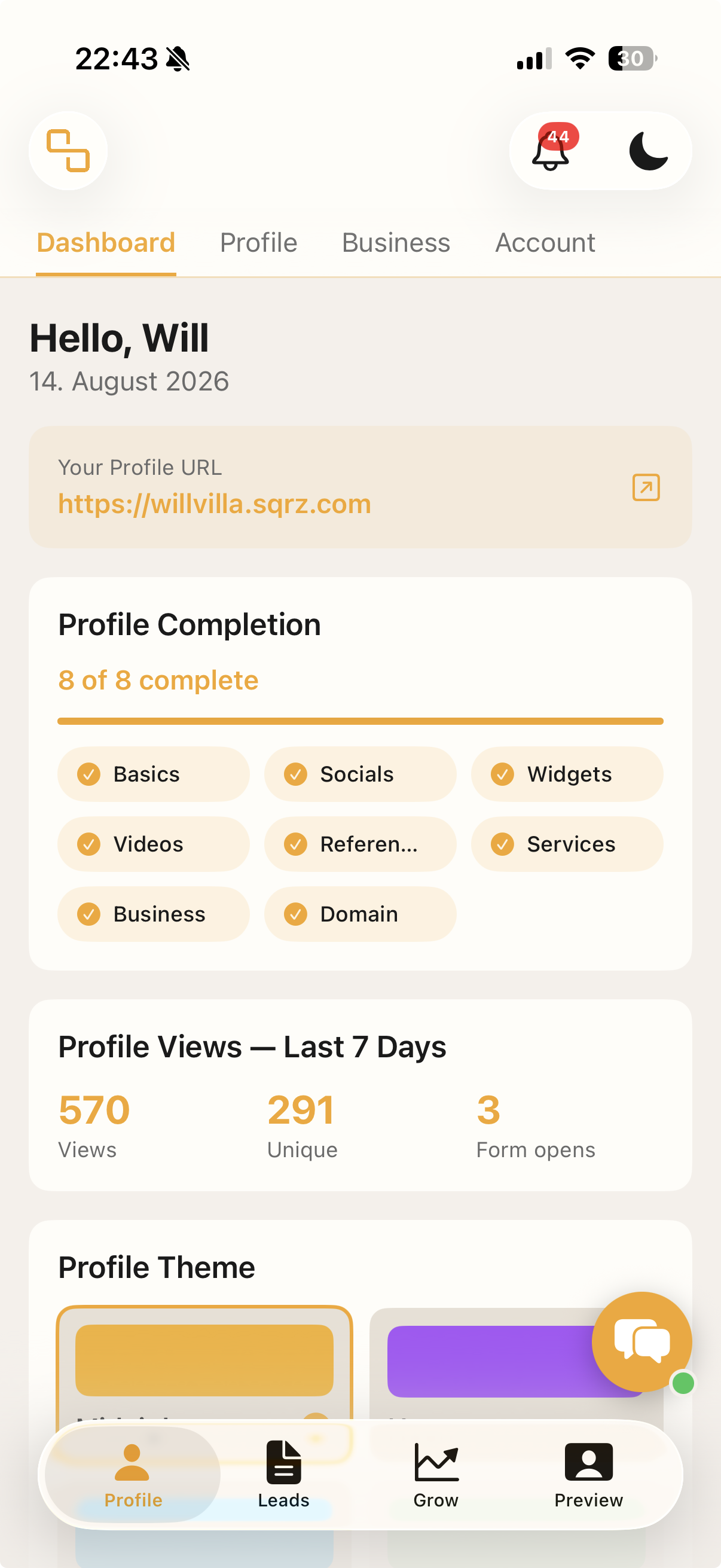 SQRZ profile screen